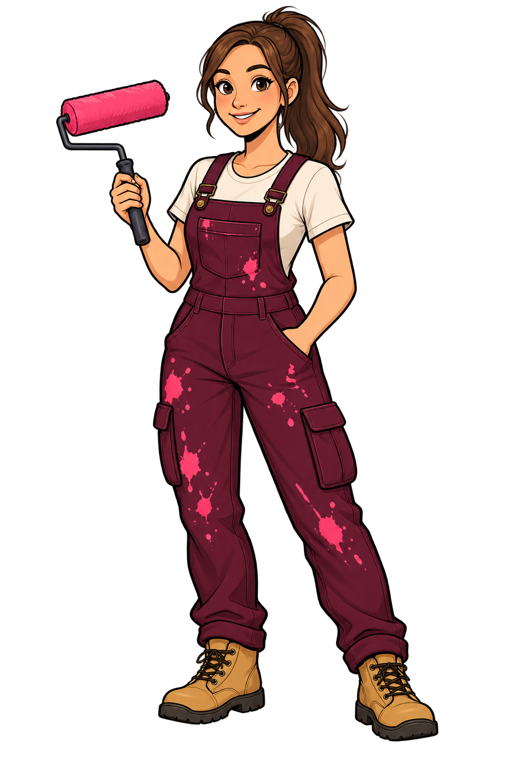 Illustrated painter holding a pink roller